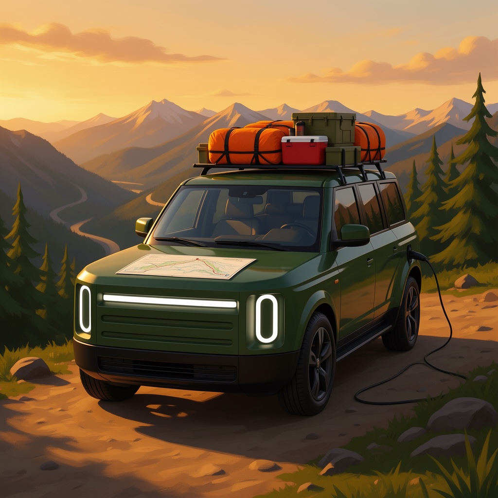 A forest green boxy electric SUV with vertical oval headlights and a roof rack loaded with colorful camp gear, parked at a trailhead overlook with a route map on the hood and a charging cable at the rear, golden hour light over distant mountain peaks.