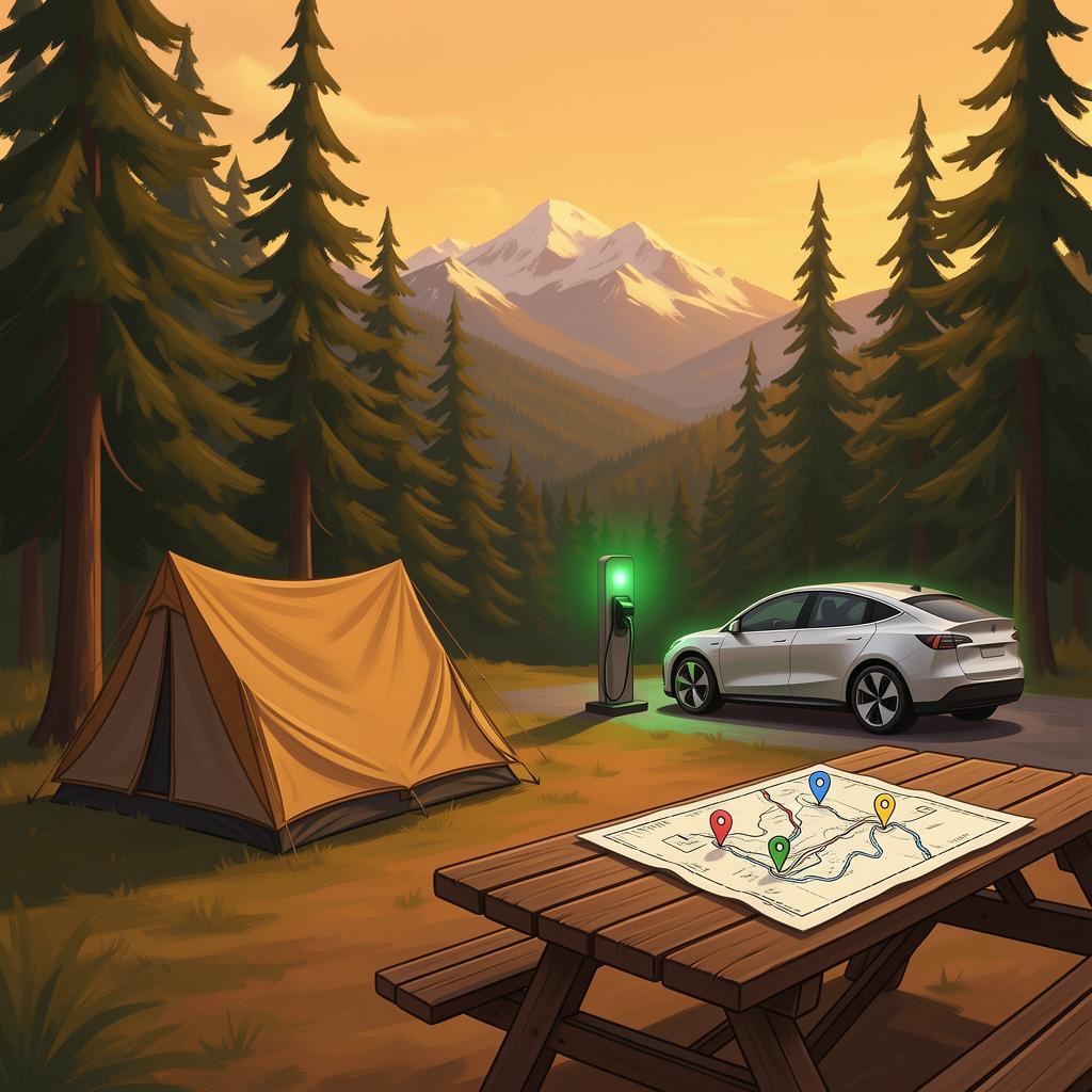 A campground among tall pines at golden hour with a tent, a trail map with colorful pins on a picnic table, and an electric vehicle charging in the background against forested hills and snow-capped peaks.