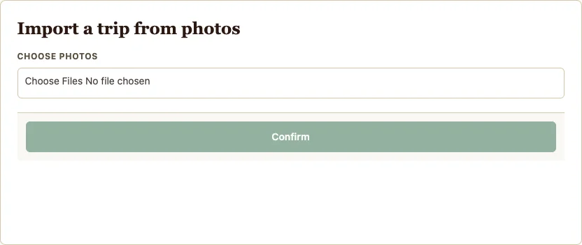 Roadbook photo import with Choose photos and Confirm; synthetic demonstration