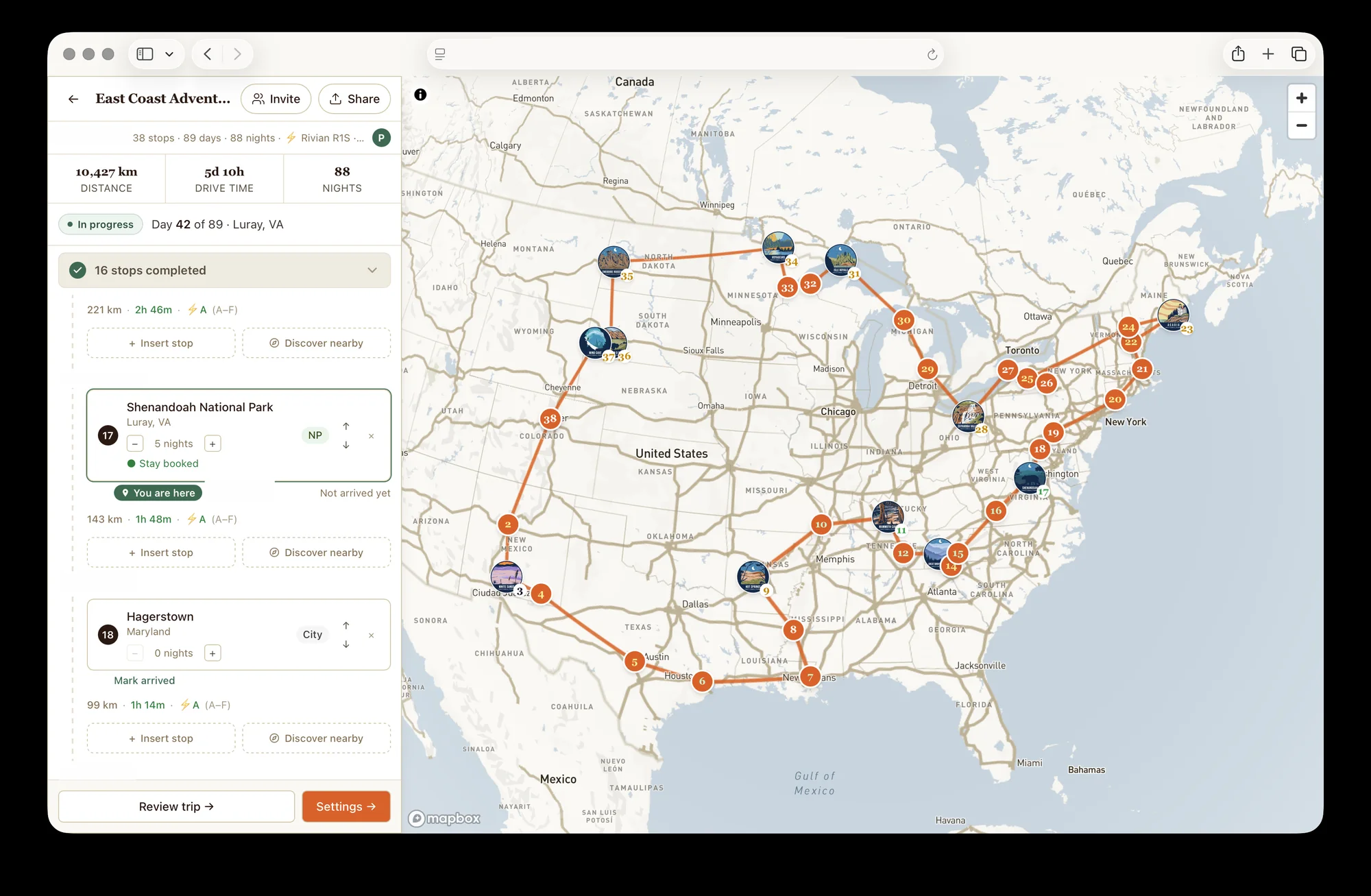 The Roadbook planner showing a 38-stop electric road trip routed across the United States