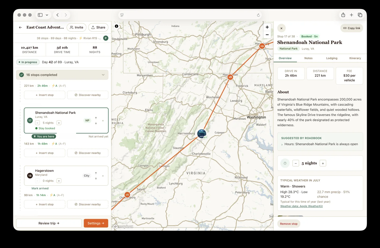 Roadbook stop detail for Shenandoah National Park, showing its charger score, drive time, park fee, and typical July weather