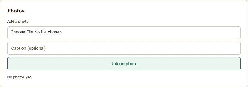 Roadbook stop-photo upload form; synthetic demonstration