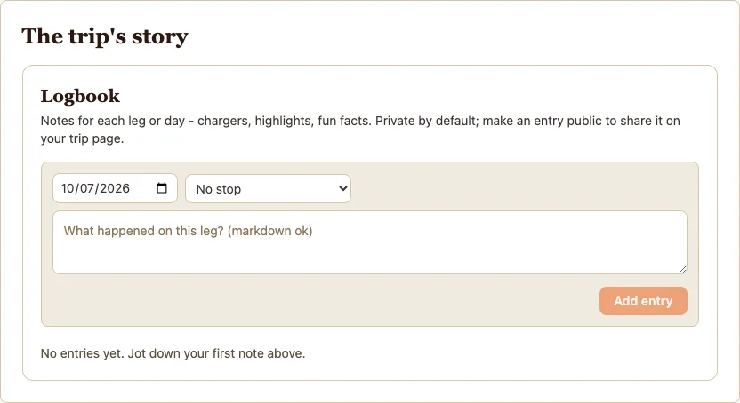Roadbook logbook with a dated note form and an optional stop tag; synthetic demonstration